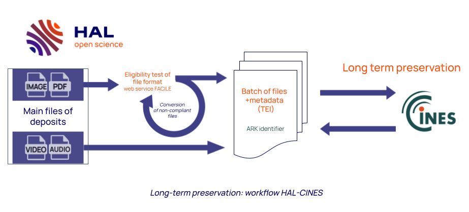 Illustration: HAL-CINES workflow diagram. The main files (pdf, image) are checked for eligibility before being sent to CINES.